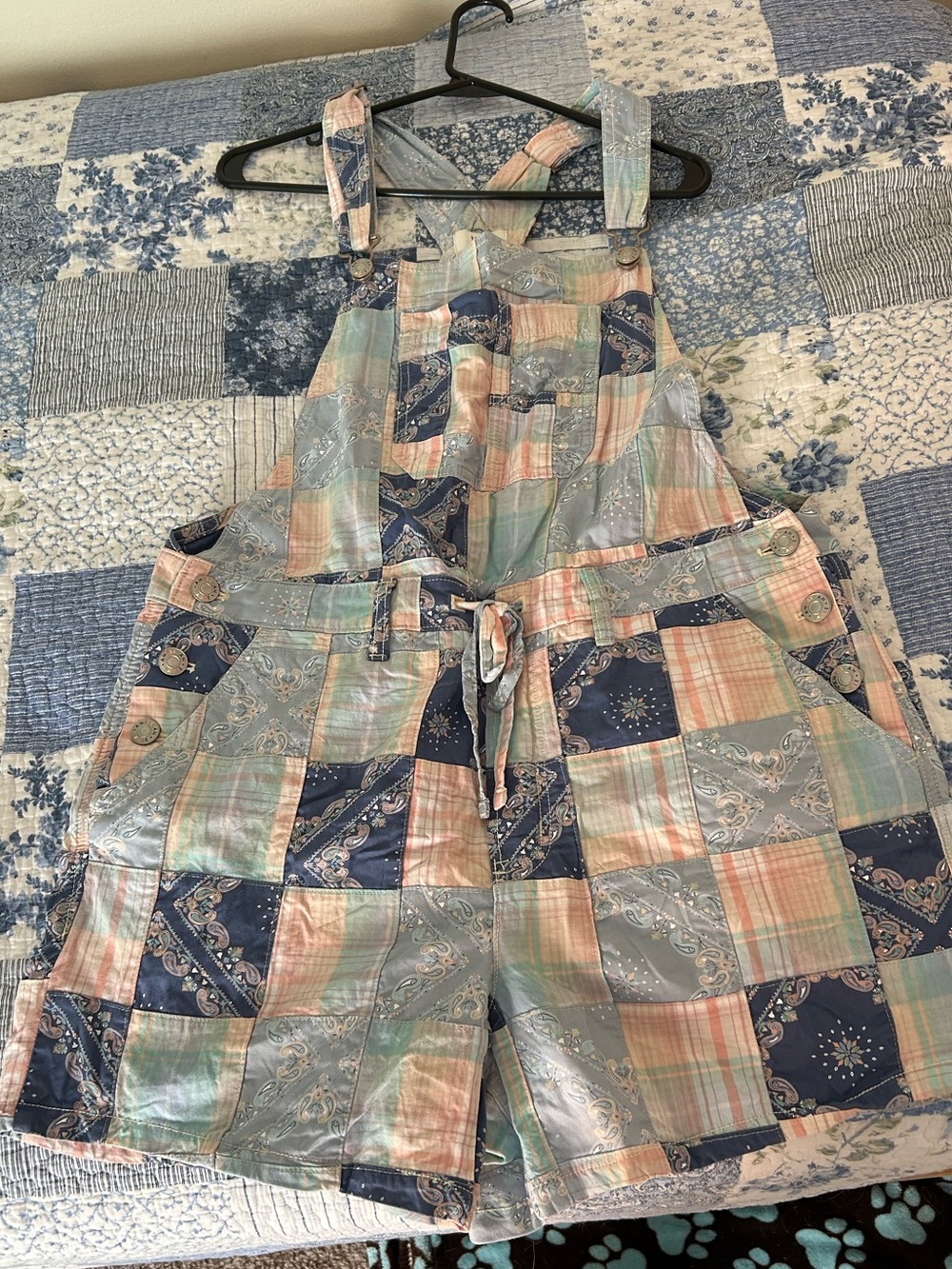 American Eagle Patchwork Print Short Overalls - Pastel Multicolor